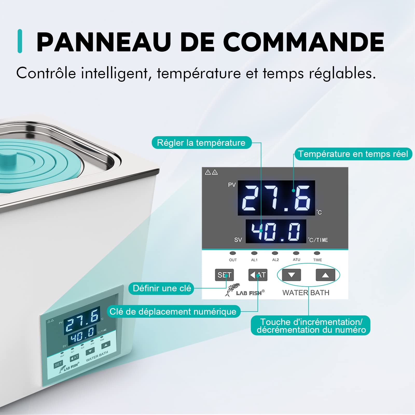 LABFISH Bain-marie numérique de laboratoire Capacité 12L Chauffage thermostatique Doublure en acier inoxydable 4 ouvertures