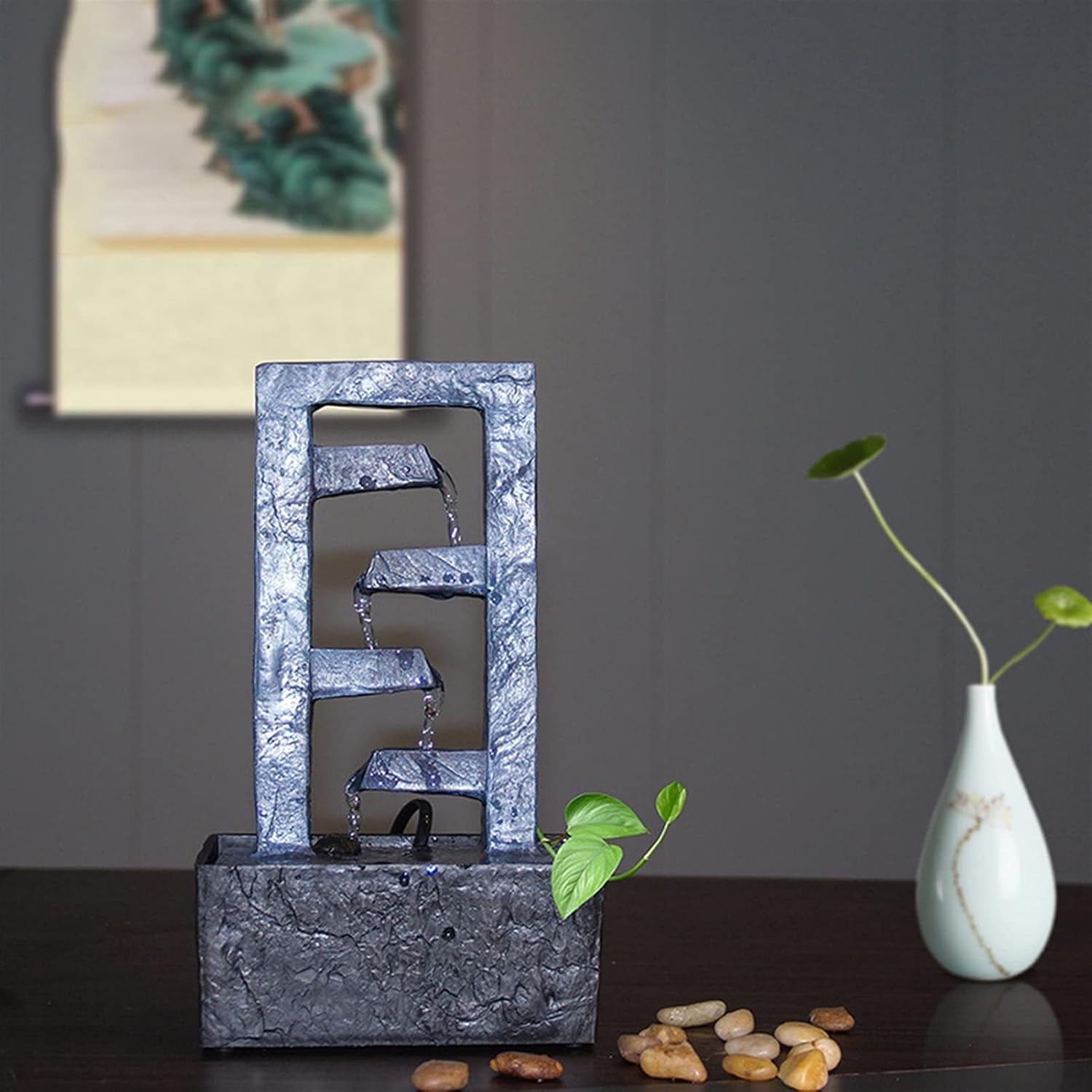 HIHELO Indoor Tabletop Waterfall Fountain Home Decor Relaxing Livingroom Office Mini Waterfall Hotel Indoor Resin Craft Tabletop Fountain with 4 Slots Rectangle Meditation Fountain