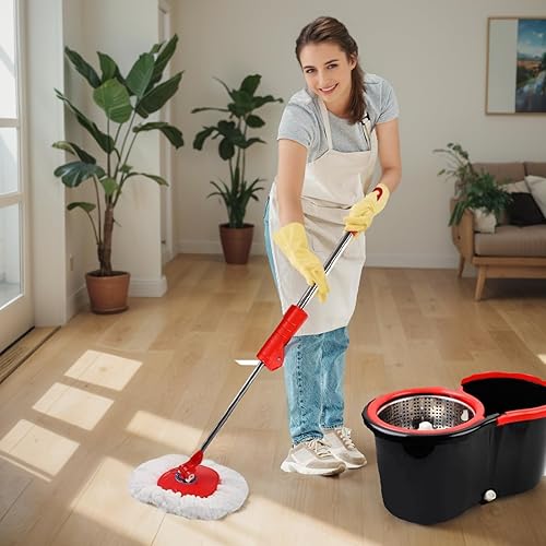 Miniatura 7 de Trapeador giratorio y cubo con juego de escurridor, sistema de cubo giratorio de 360 con 3 cabezales de repuesto de fregona de microfibra, mango