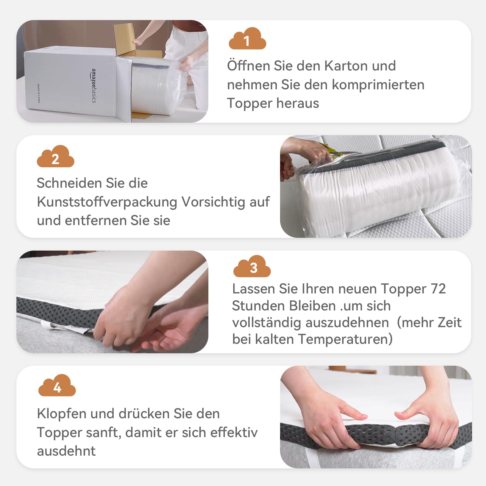 Amazon Basics Memoryschaum Matratzenauflage mit Bändern, 120 x 200 cm, 4 cm Höhe, weiß