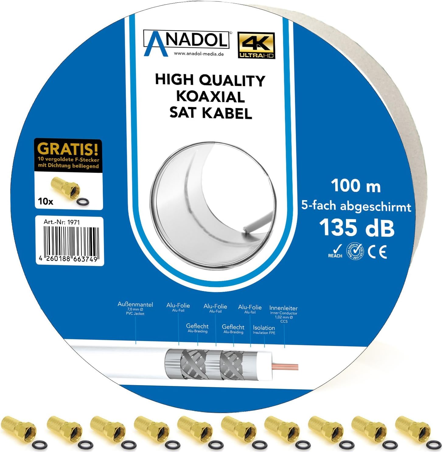 Cable coaxial apantallado de protección contra incendios de Anadol. Bobina de 25 m, 135 dB, 7 mm de diámetro y 5 capas. Conforme a la normativa EN 50575