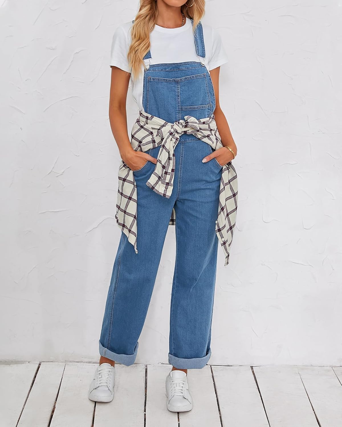 Vetinee Jean Overalls for Women Loose Fit Stretchy Denim Jumpsuit Baggy Bib Casual Straight Leg Pocket Dungaree Overall