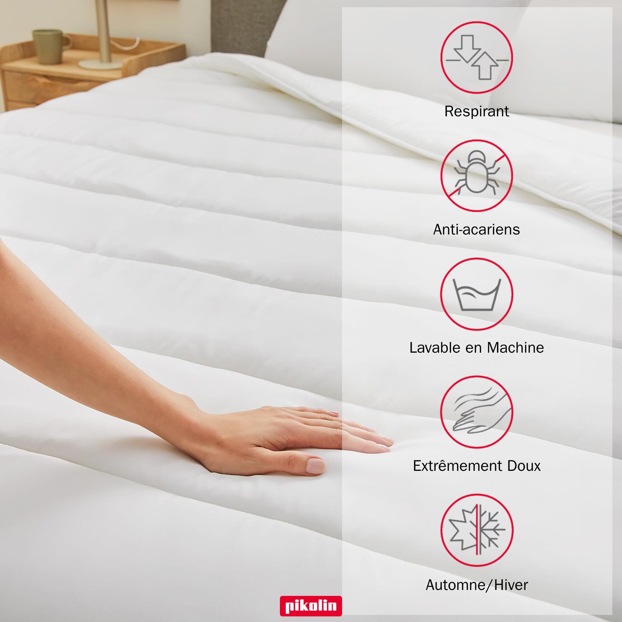 PIKOLIN Couette 220 x 240 cm 300 g Tempérée en Fibre Ecolofil pour Lit 2 Personnes - Certifié Oeko-Tex - Couette Antiallergique, Lavable, Douce et Respirante