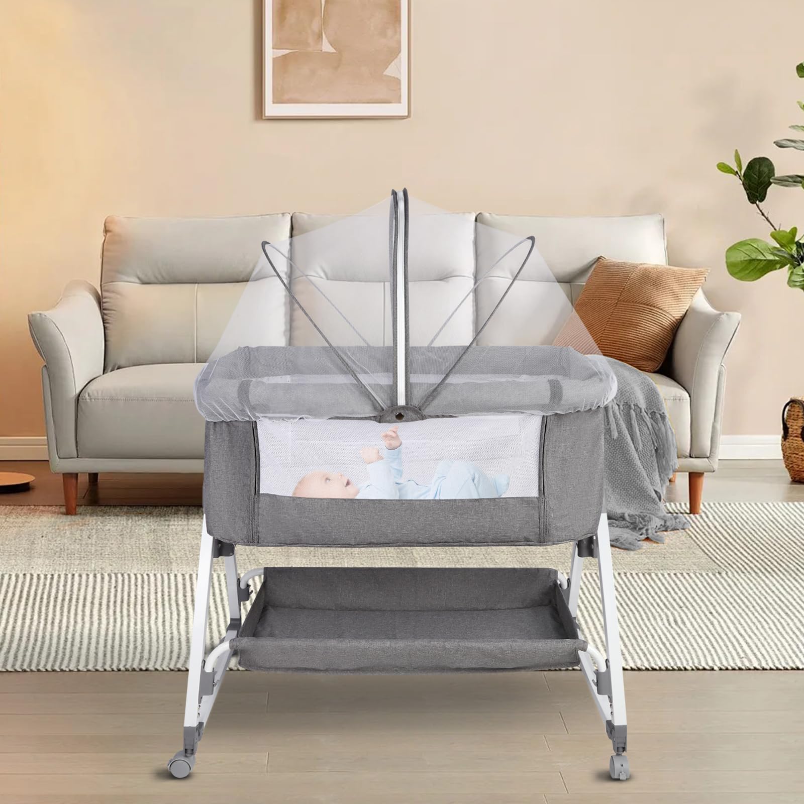 HUOLE Cuna 3 en 1 hasta 30 kg, Cuna de colecho, Cuna Mecedora, Ajuste de Altura e inclinación del colchón, 4 Ruedas con Freno, Colchón Ergonómico, Bolsa-80 * 40 * 100-115cm-lino
