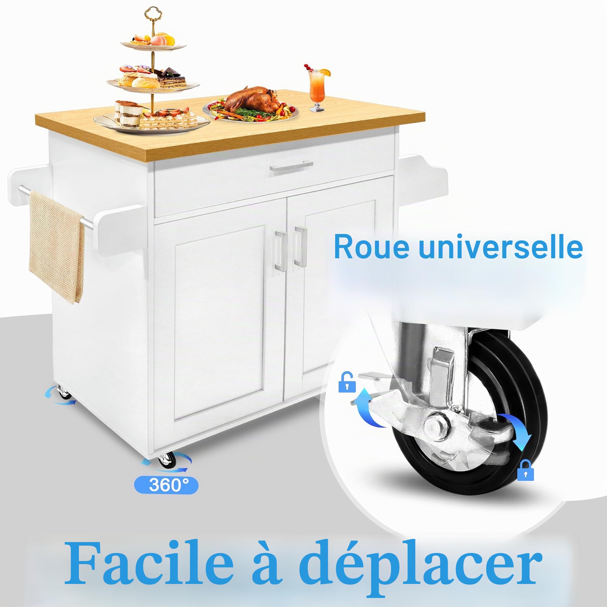 FIVMEN Chariot de cuisine blanc avec roulettes et plan de travail - Chariot de service en bois avec porte-serviettes et planche à épices - Armoires de cuisine mobiles - 115 x 90 x 36 cm