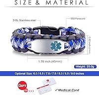 Vista 55 de Pulsera de alerta médica Paracord para hombres y mujeres Pulsera de identificación médica de acero inoxidable con hebillas de liberación lateral