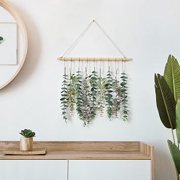 Weldomcor Artificial Eucalyptus Wall Hanging Decor Greenery Boho Chic Home Decorations Farmhouse Rustic Plants with Wooden Stick for Bedroom Living Room Apartment Ornament Gift(Green-1)