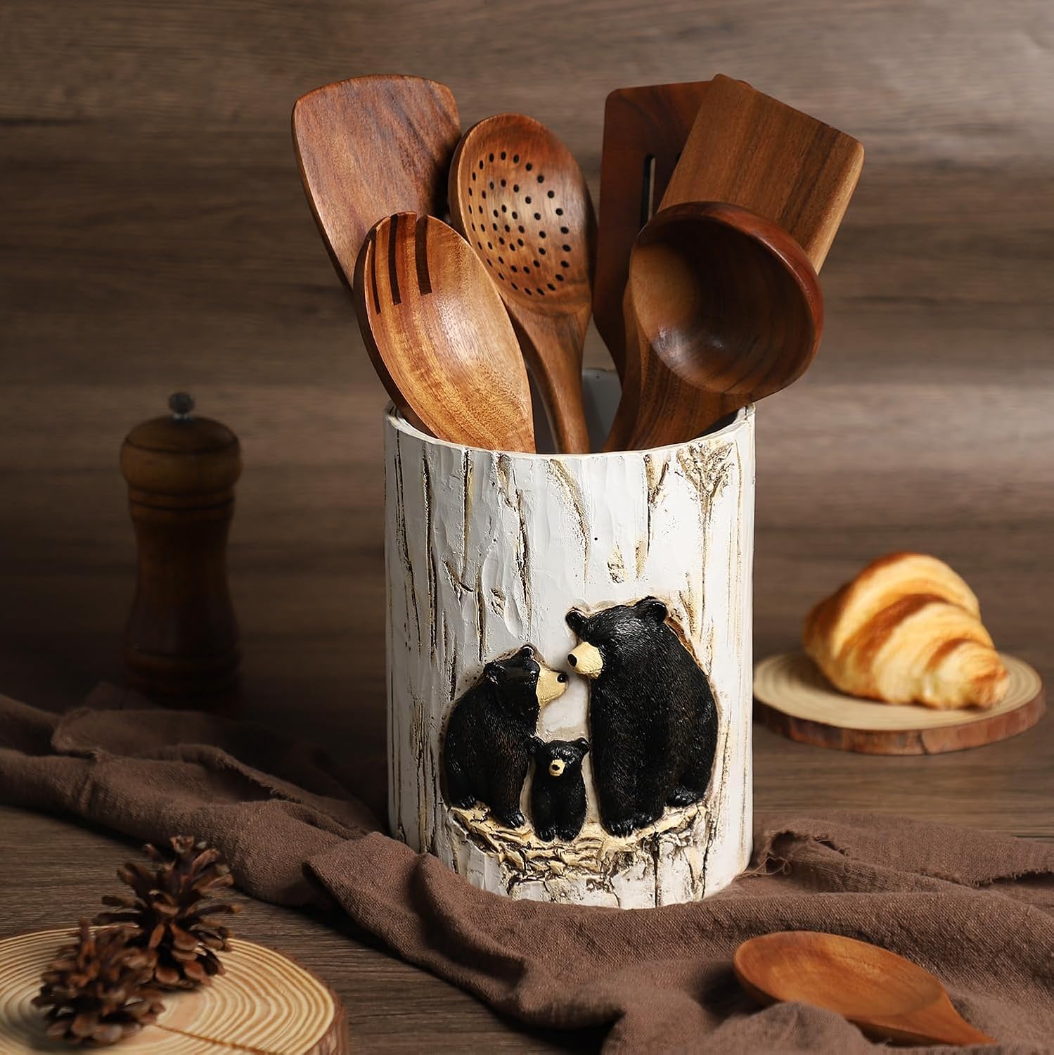 Resin Black Bear and Stump Kitchen Utensil Holder, Large Cooking Utensil Crocks for Countertop-Family