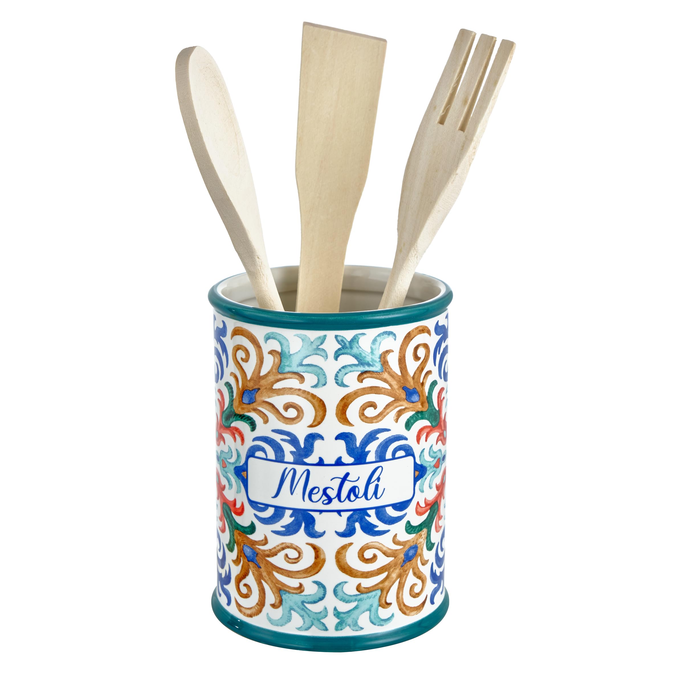 Baroni Home Portamestoli Decorato in Ceramica con Mestoli Inclusi, Accessorio da Cucina Colorato Resistente, Linea Capri, 11x11x25 cm