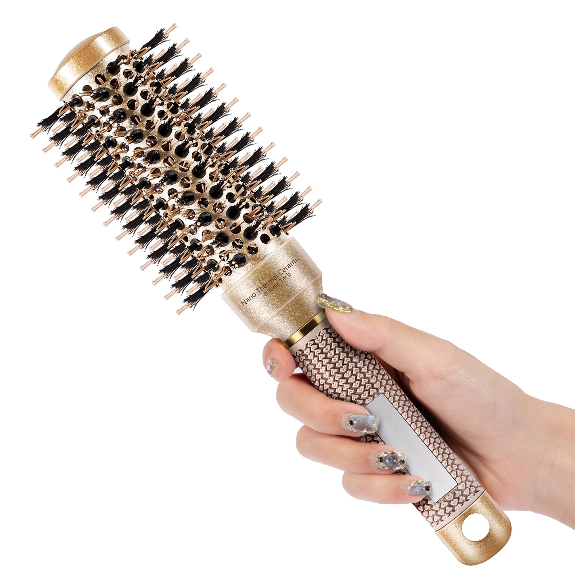 Cepillo de pelo redondo para soplar, cerámica nano térmica y tecnología iónica, barril de 1.3 pulgadas, cerdas de jabalí, cepillo de rodillo para secado y peinado, incluye 4 clips gratis, dorado