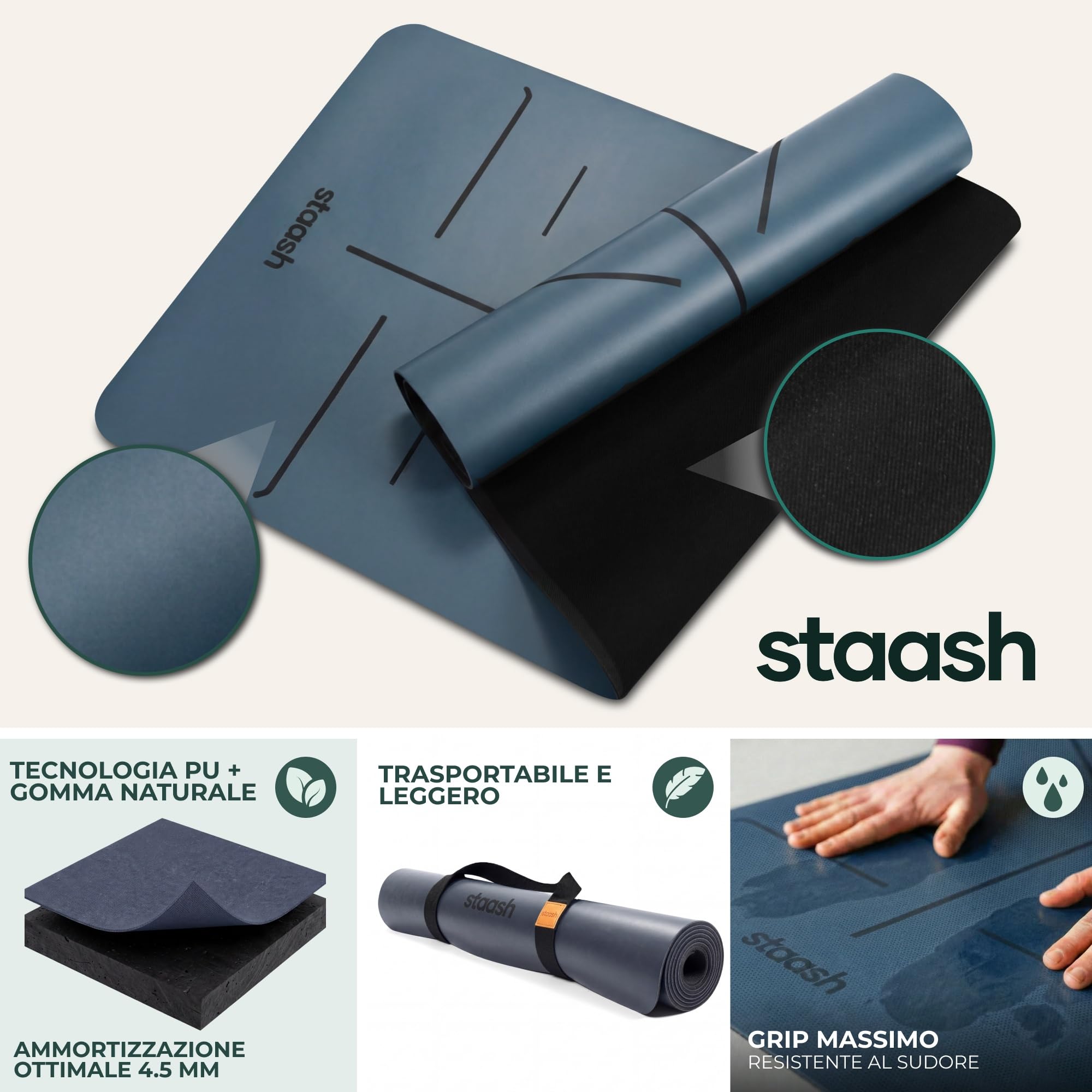 STAASH Premium Yoga Set – Tappetino da yoga in PU & gomma naturale + asciugamano in microfibra + cinturino da yoga + pad per mano – Ultra Grip, ecologico e qualità da studio per yoga esigenti