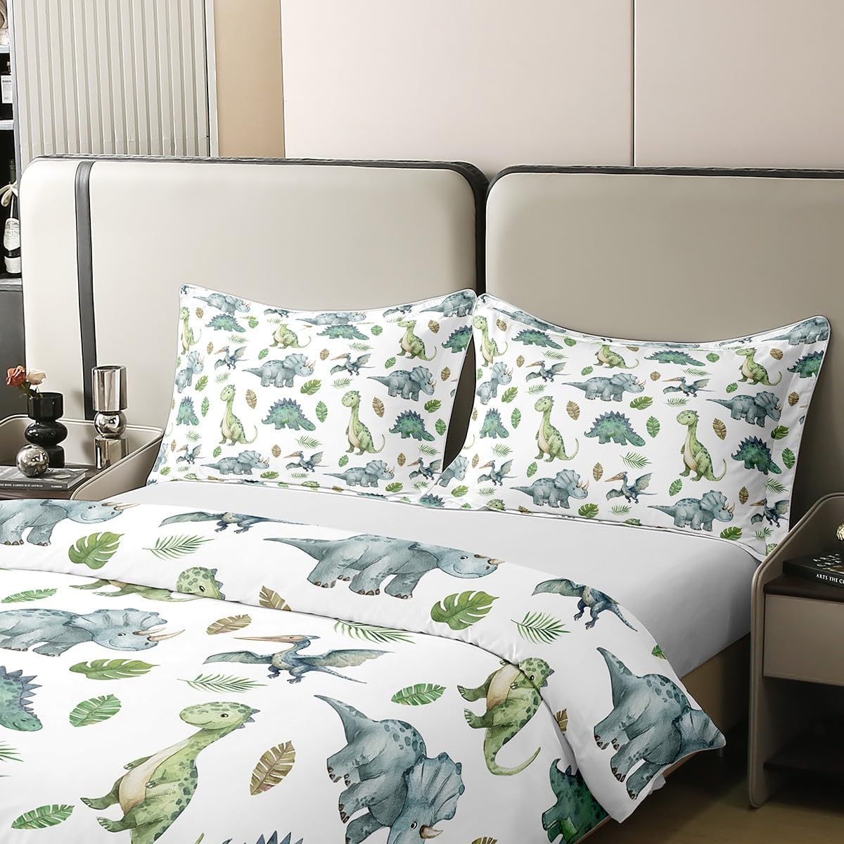Cute Dinosaur 100% Nature Cotton Duvet Cover Cartoon Wild Animals Comforter Cover Twin Size with 1 Pillowcase Kids Dino Green Leaves Aesthetic Luxury Bedding Set (No Filler)