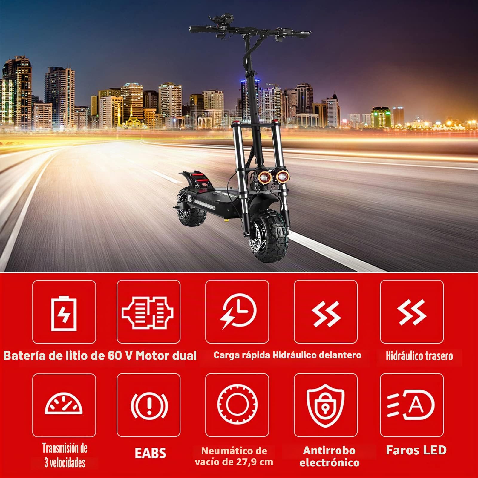 CAMTOP Patinetes Electricos Adultos Plegable 2 Ruedas Scooter Eléctrico Motor Dual 11in Neumáticos de Vacío Todoterreno 60V/35/40AH Batería de Litio de Alta Capacidad Resistencia de 90-100 KM