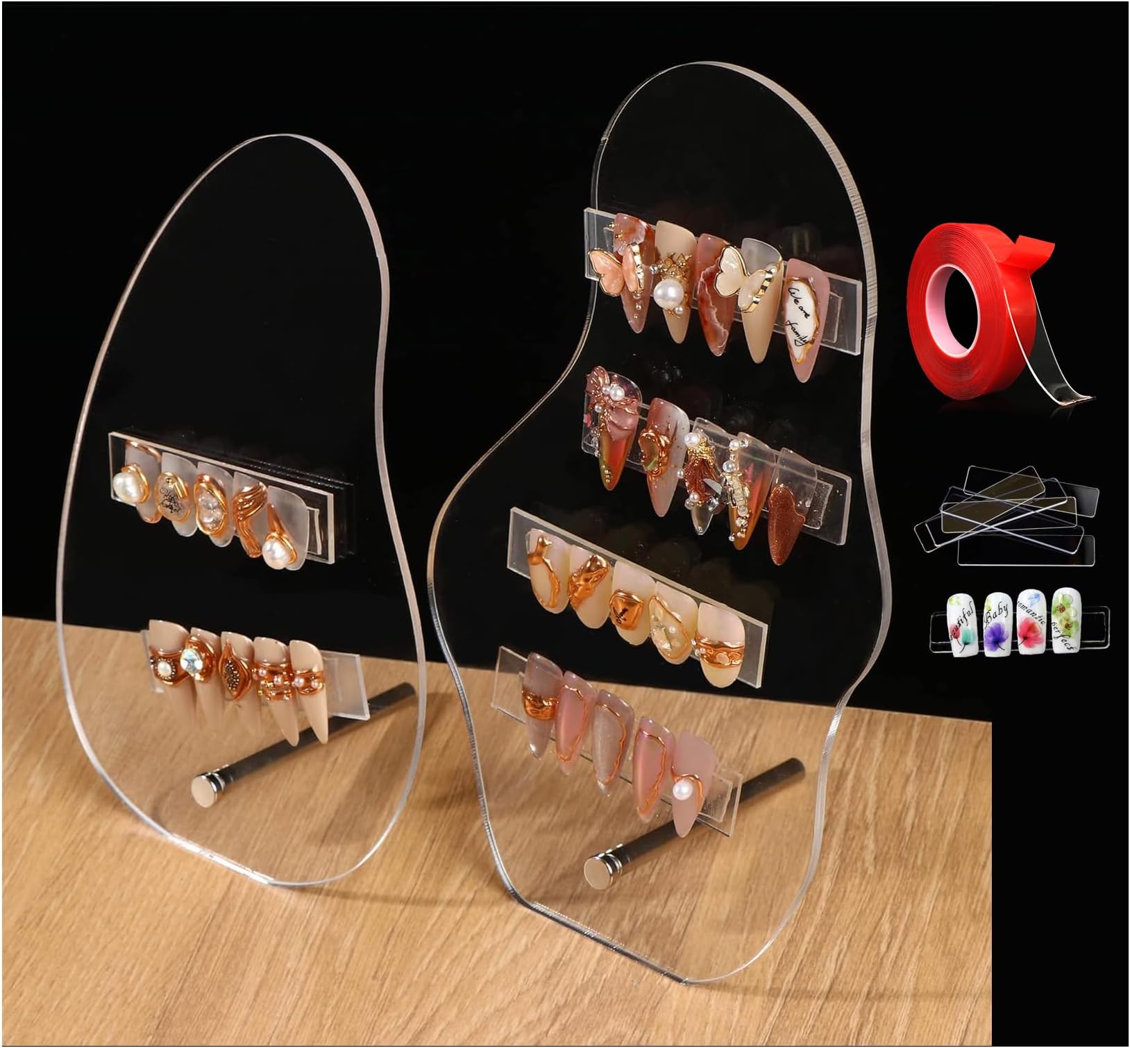 2pcs Irregular Nail Art Display Stand Set,Clear Nails Charms Display Tips Boards Nails Colors Sample Display Stand with 20pcs Nails Tips And Double Sided Tapes for Salon Nails Art Practice