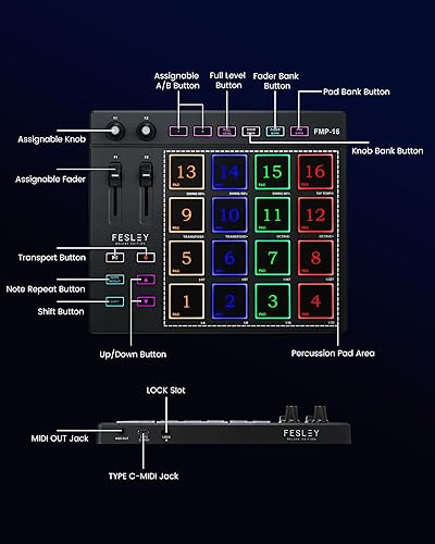 Miniatura 7 de Fesley MIDI Pad Beat Maker, controlador de teclado MIDI USB con 16 almohadillas de batería para principiantes, 2 desvanecedores y perillas