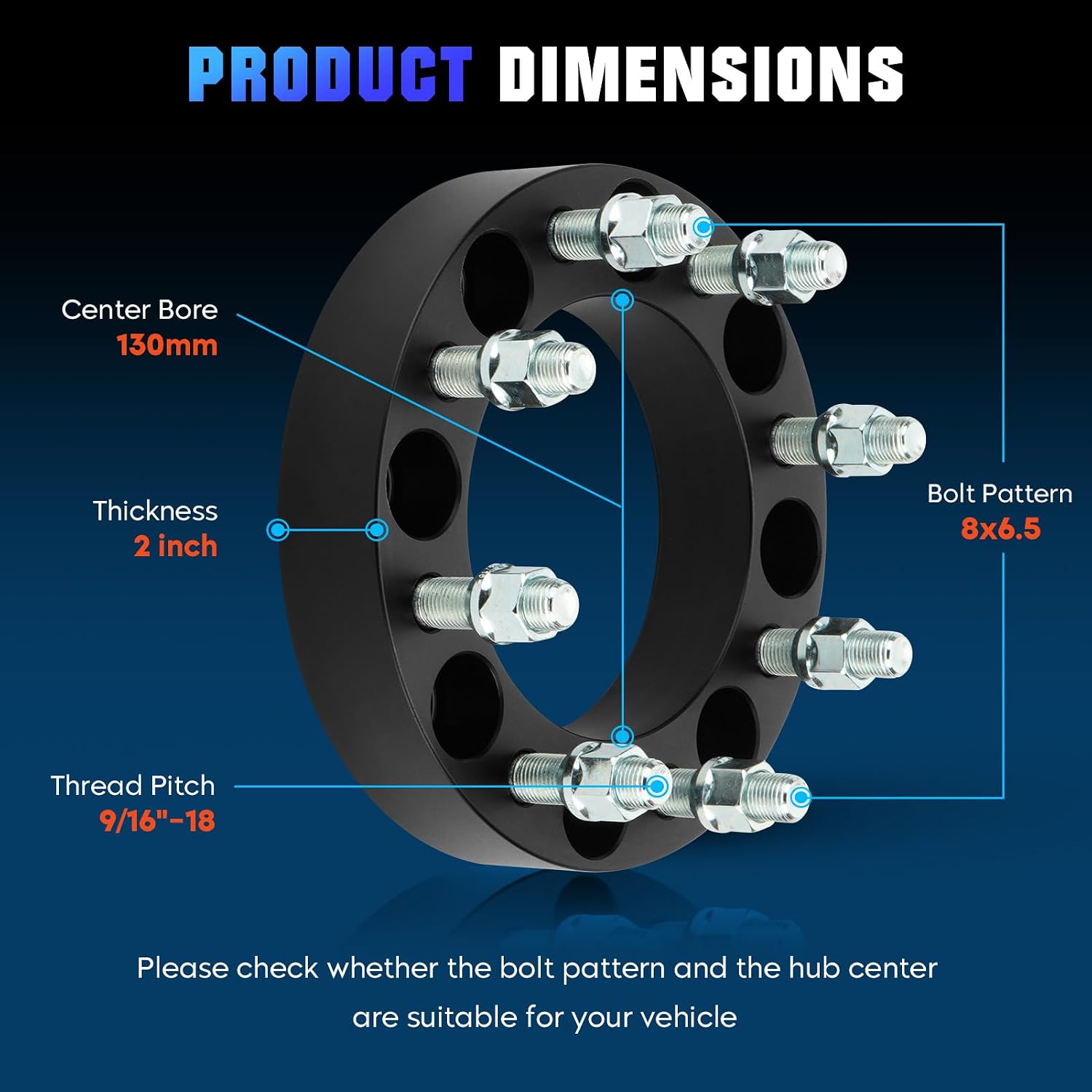 Youxmoto 4PCS 8x6.5 2'' Wheel Spacers Fit for Dodge Ram 2500 3500 1994-2010, Fit for Ford F250 F350 1975-1997, 130mm Hub Bore Wheel Adapters with 9/16"-18 Studs