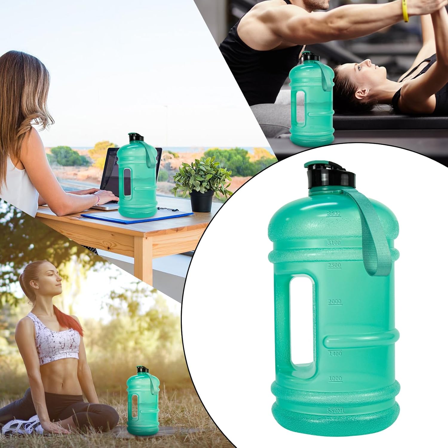 TOOFEEL 1 Gallon Water Bottle,Leakproof,Bpa Free,Dishwasher Safe,128 oz Large Water Jug wiht Handle,Travel & Camping & Sports & Gym Water Bottle For Men and Women - Transparent Mint Green