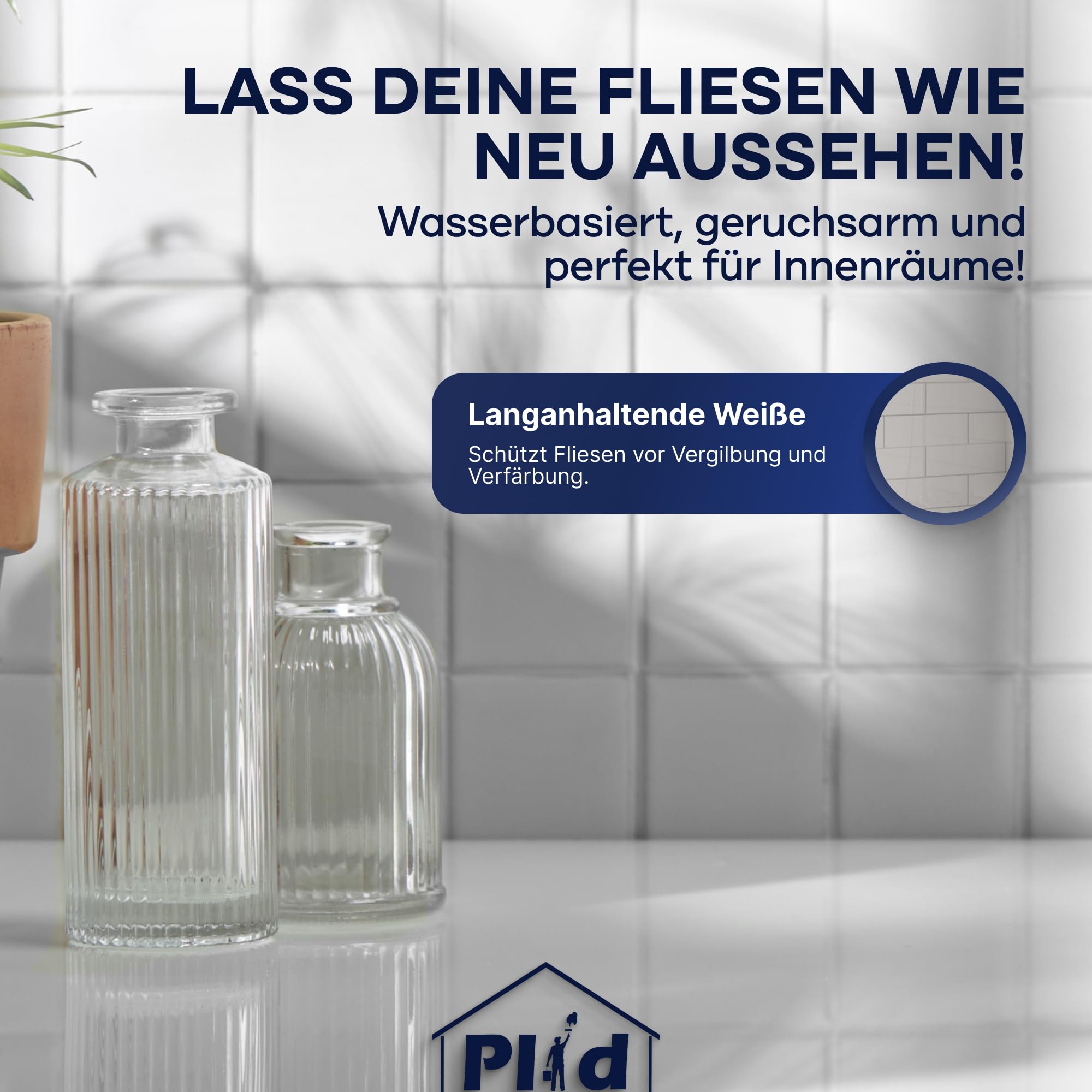 Plid® Fliesenfarbe Badezimmer & Küche [FEUCHTIGKEITSBESTÄNDIG] Fliesenlack Cremeweiß 2,25l fürs Bad - Fliesen neu streichen & lackieren im Innenbereich - 3in1 Fliesen Farbe Lack - Made in Germany Set