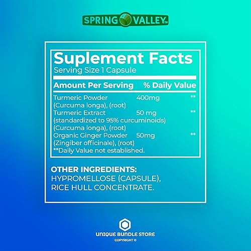 Miniatura 4 de Spring Valley - Curcumina de cúrcuma de 500 mg, con jengibre en polvo, 250 unidades de bienestar general, cápsulas de curcumina de cúrcuma,