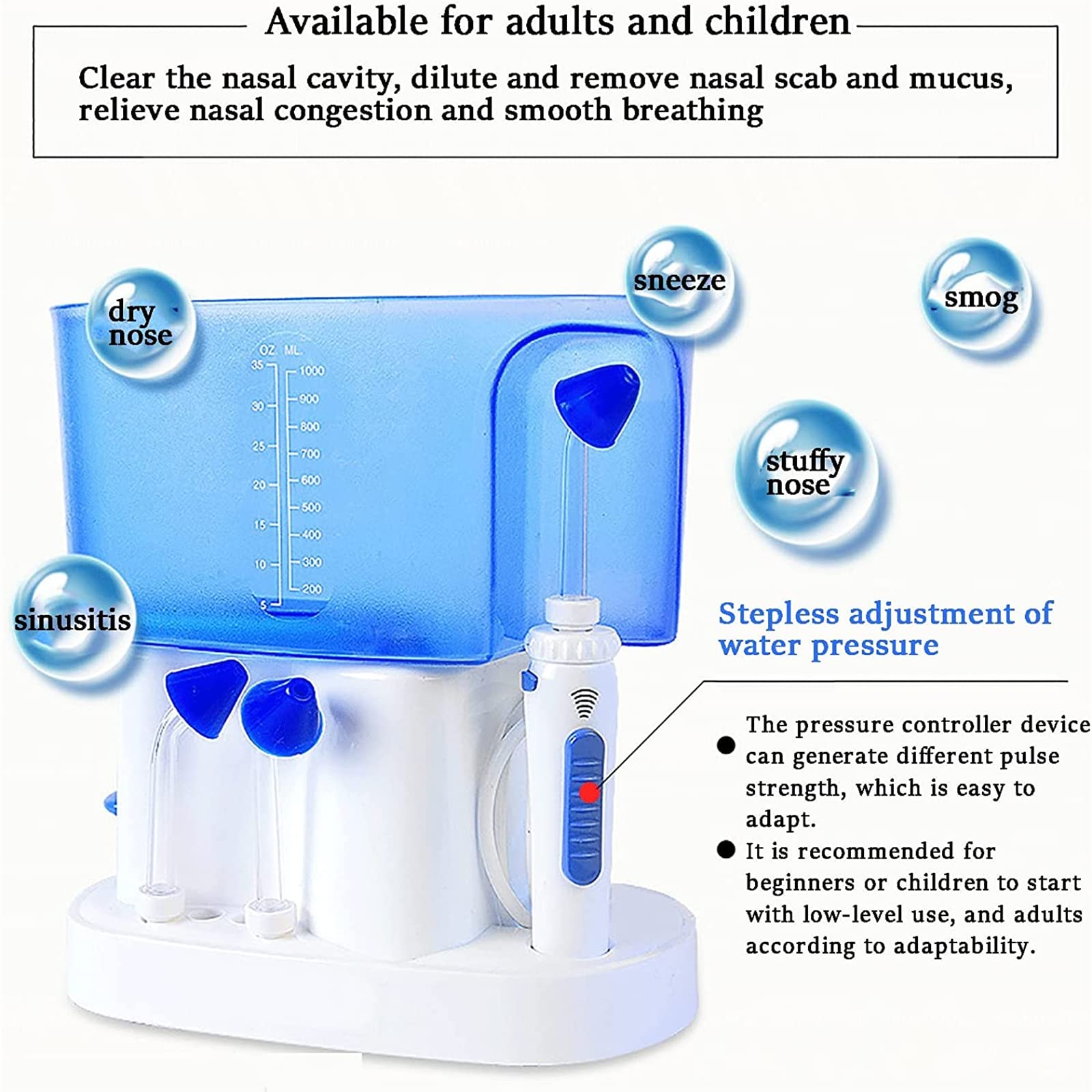 Kit per risciacquo sinusale, irrigazione nasale elettrica per risciacquo nasale, Macchina per la Pulizia del Naso da 1000 ml con 4 beccucci, detergente per Lavaggio nasale per soll