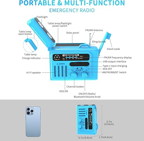 Miniatura 6 de Radio meteorológica de manivela de emergencia, radio de manivela, radio solar AMFMNOAA portátil con linterna, altavoz Bluetooth, alerta SOS para el