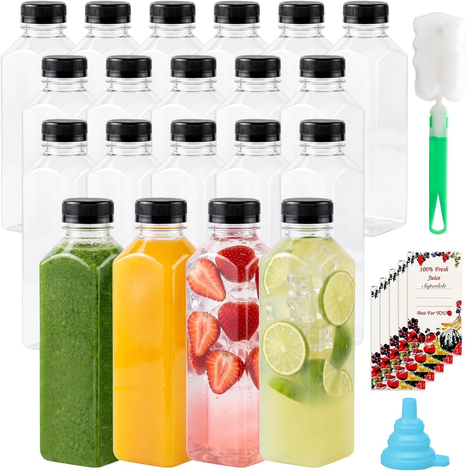 SUPERLELE Plastic Bottles 16 Ounce Juice Bottles with Caps Set of 20