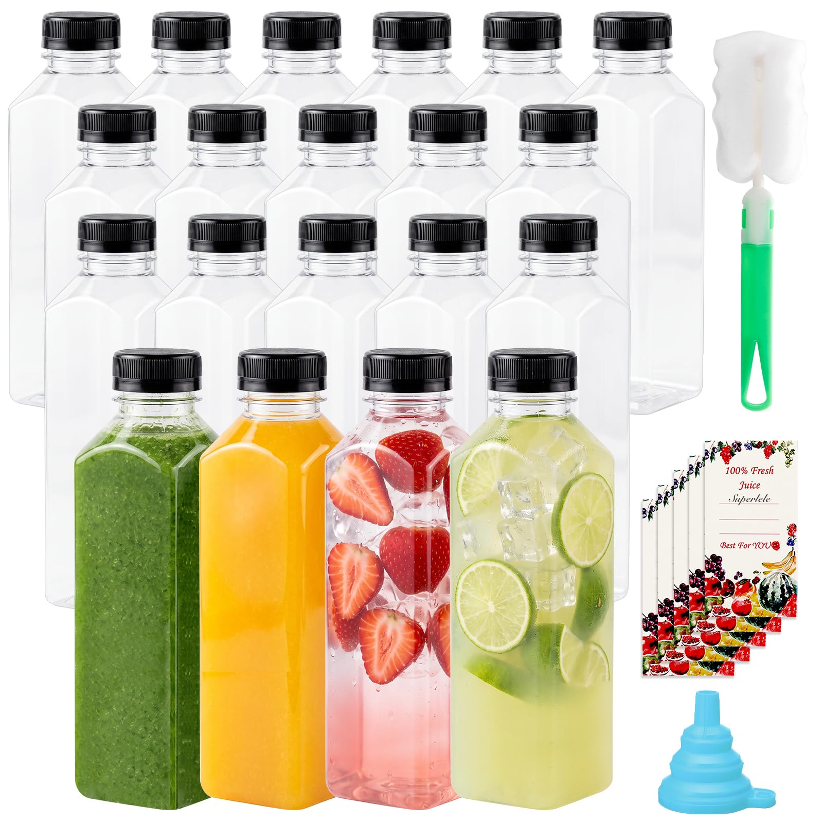 SUPERLELE Plastic Bottles Set16 Ounce Juice Bottles with Caps 20Pcs