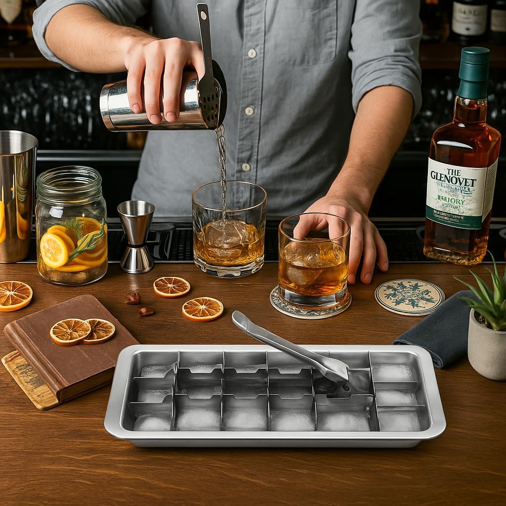 2 Pack Stainless Steel Ice Cube Trays with Lever Tweezers and Finger Guards 18-Cube Metal Ice Trays, Non Toxic, Plastic Free，Heavy Duty for Whiskey, Cocktails, Freezer