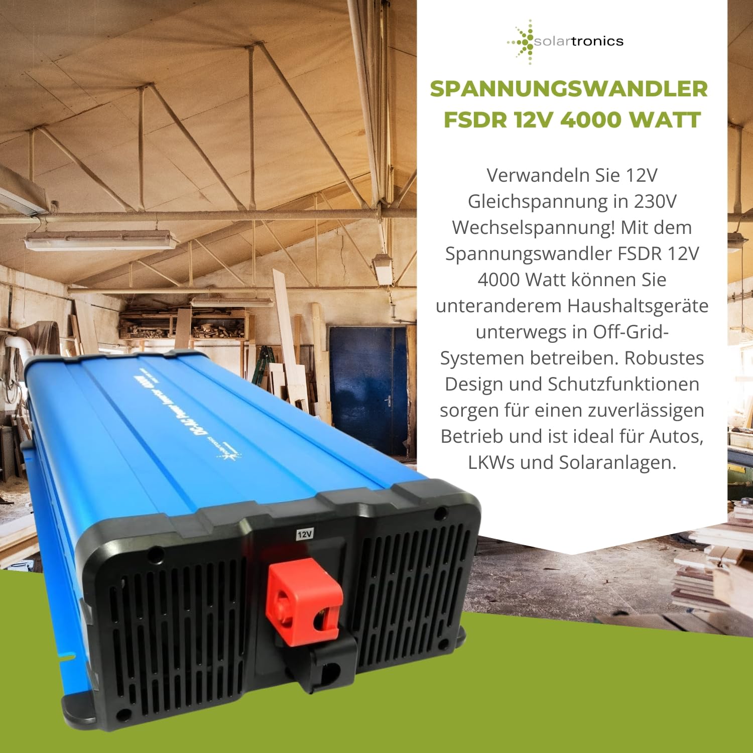solartronics FS4000DR przetwornica napięcia 12 V 230 V 4000 W, czysty sinusoidalny falownik solarny USB z pilotem zdalnego sterowania CRW88