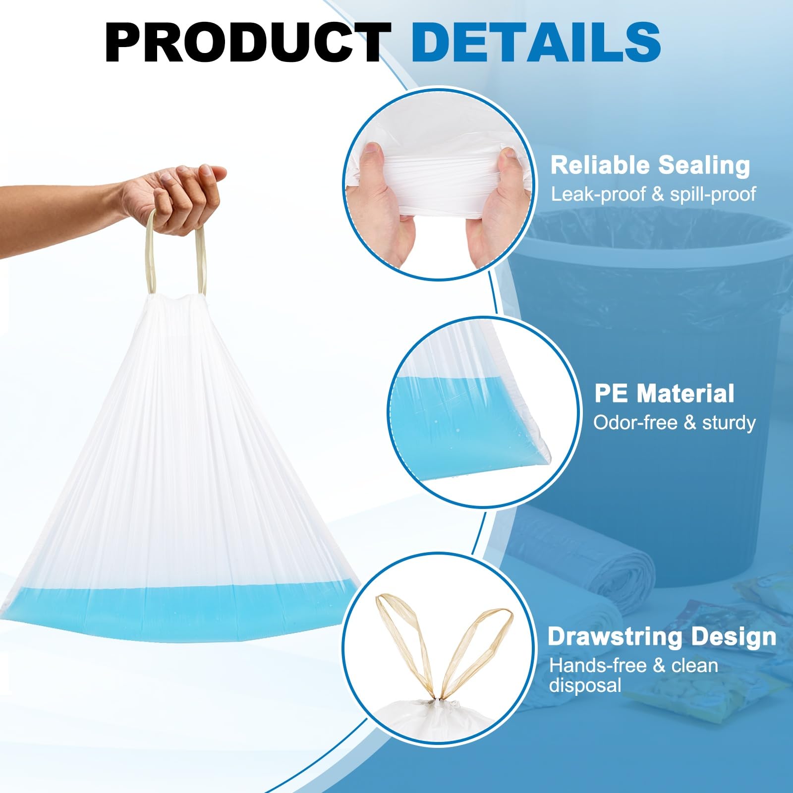 QUARKZMAN 120 Bolsas De Basura Con Cierre De Cordón, 8.7 Galones 24", Bolsas Para Cubo De Basura Sin Aroma, Diseño Anti-Roturas Para Hogar Oficina Cocina Sala, Oro Champán
