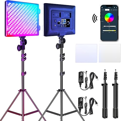 GVM RGB LED Video Lights Photography Lighting Kit, 50W Bi-Color 3200K-5600K Studio Lights, 2-Packs 672 Led Beads APP Control Film Lights Panels for Videography/Streaming/Gaming/YouTube CRI 97+ - blue