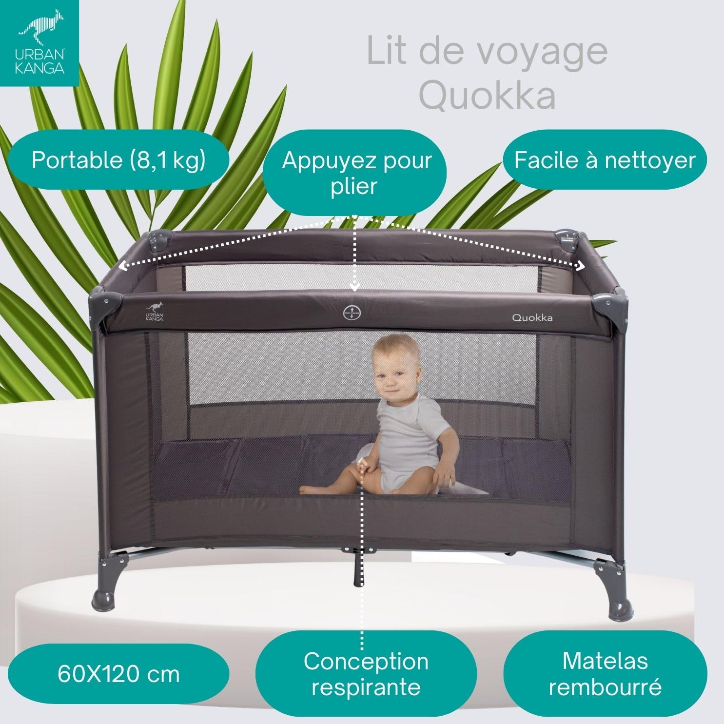 Urban Kanga QK Lit Parapluie Bebe avec Matelas Lit de Voyage 60x120cm (QK, Gris)