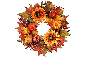 Fall Wreath for Front Door with Maple Leaves, Pumpkins, and Berries