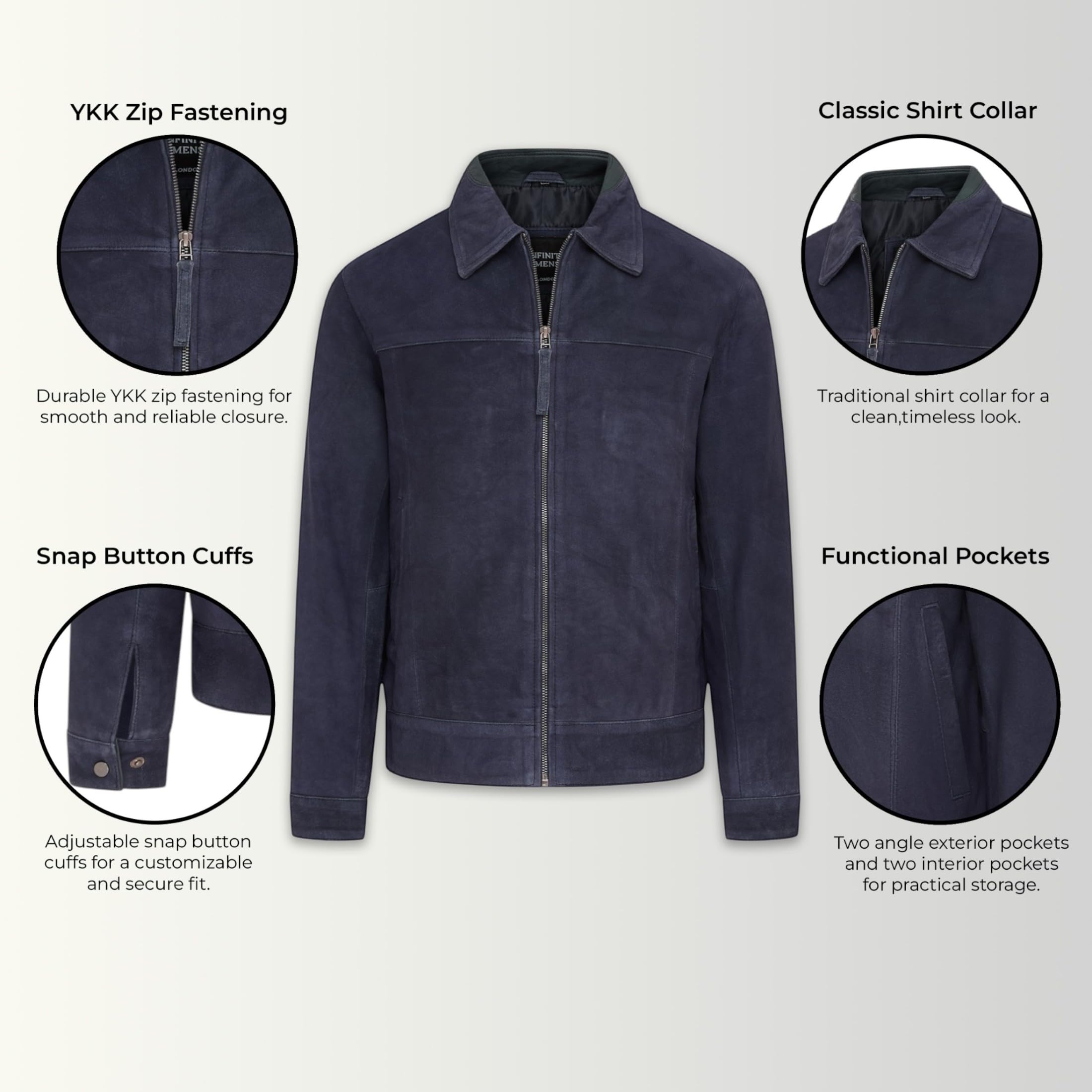 Infinity Leather Chaqueta Harrington de cuero de cabra auténtico estilo motero, color azul marino retro, para hombre.