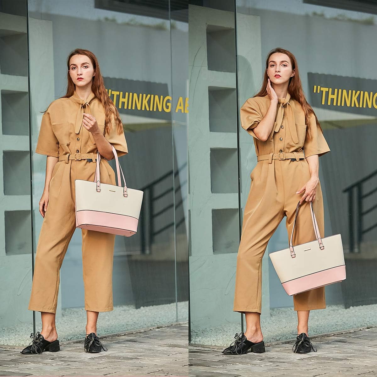 Buy 2 get 3 Women Fashion Handbags Tote Bag Shoulder Bag Top Handle Satchel Purse Set 4pcs (Pink-beige)