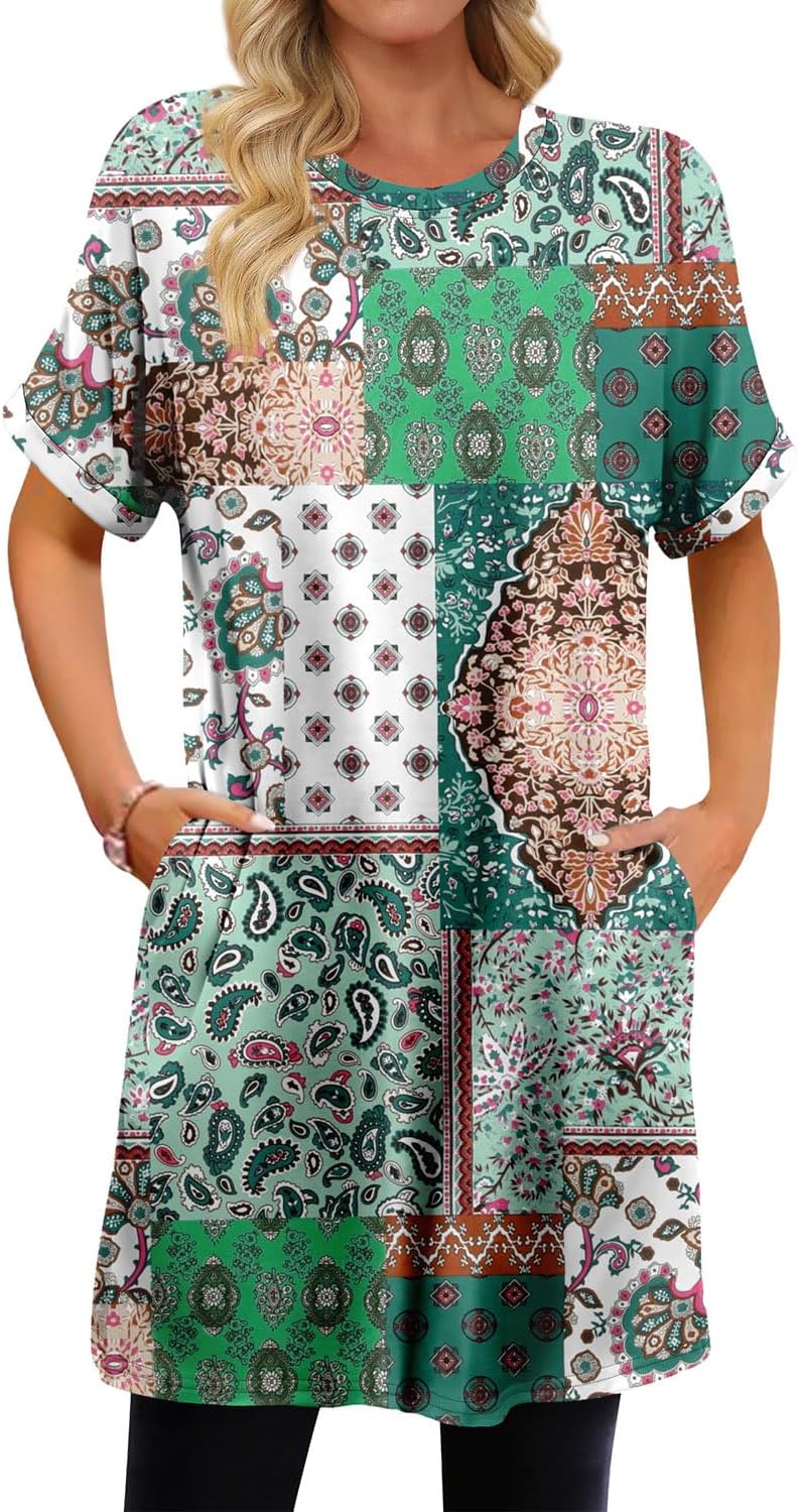 KISSMODA Women's Tunics or Tops to Wear with Leggings Short Sleeve Casual Long Tunics with Pockets T Shirts Loose S-3XL - Image 2
