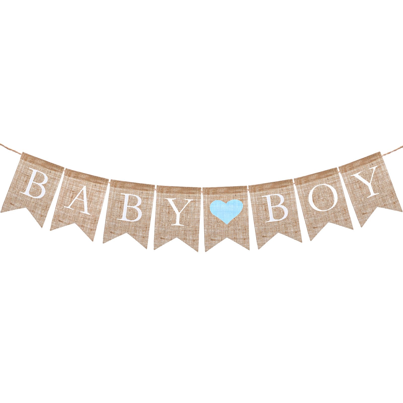 "Baby Boy" Burlap Banner for Baby Shower & Gender Reveal, Pre-Strung Rustic Jute Garland with Light Blue Heart, It's a Boy Party Decorations for Wall, Mantel, Table & High Chair Display (5" x 7")