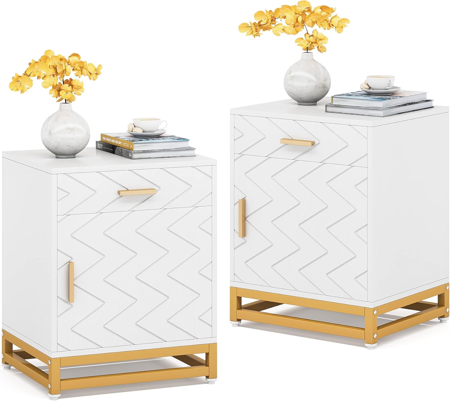 Nightstands Set of 2, White and Gold Night Stands for