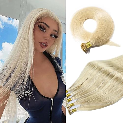Extensiones de cabello humano rubio con punta en I de color, 14 pulgadas, extensiones de cabello rubio platino, 50 hebras1.76 oz, extensiones de