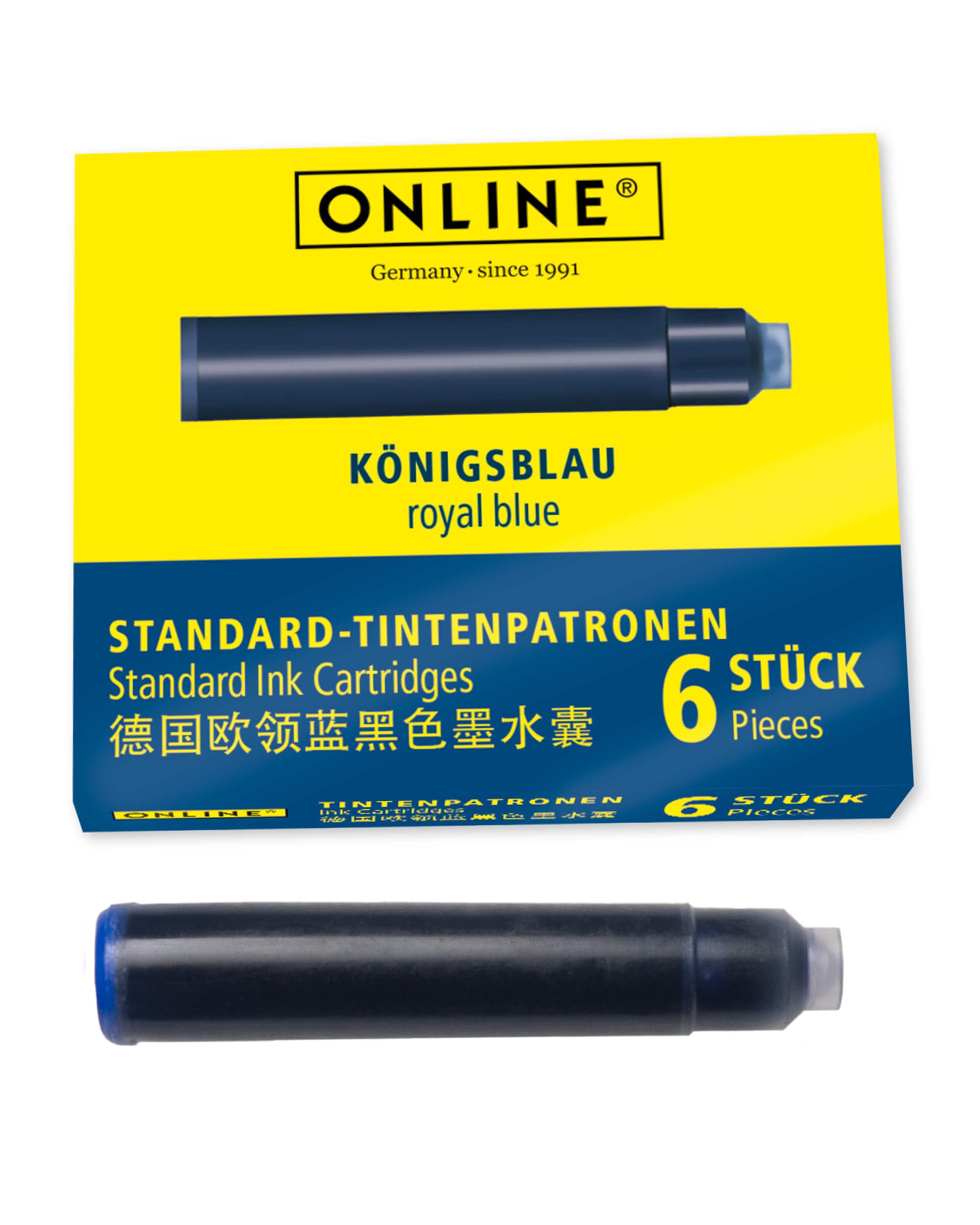 Standard Ink Cartridges - Universal Ink, Compatible with Common Pens, Replacement for Fountain Pens & Rollerballs - 6 Pieces, Royal Blue, Erasable