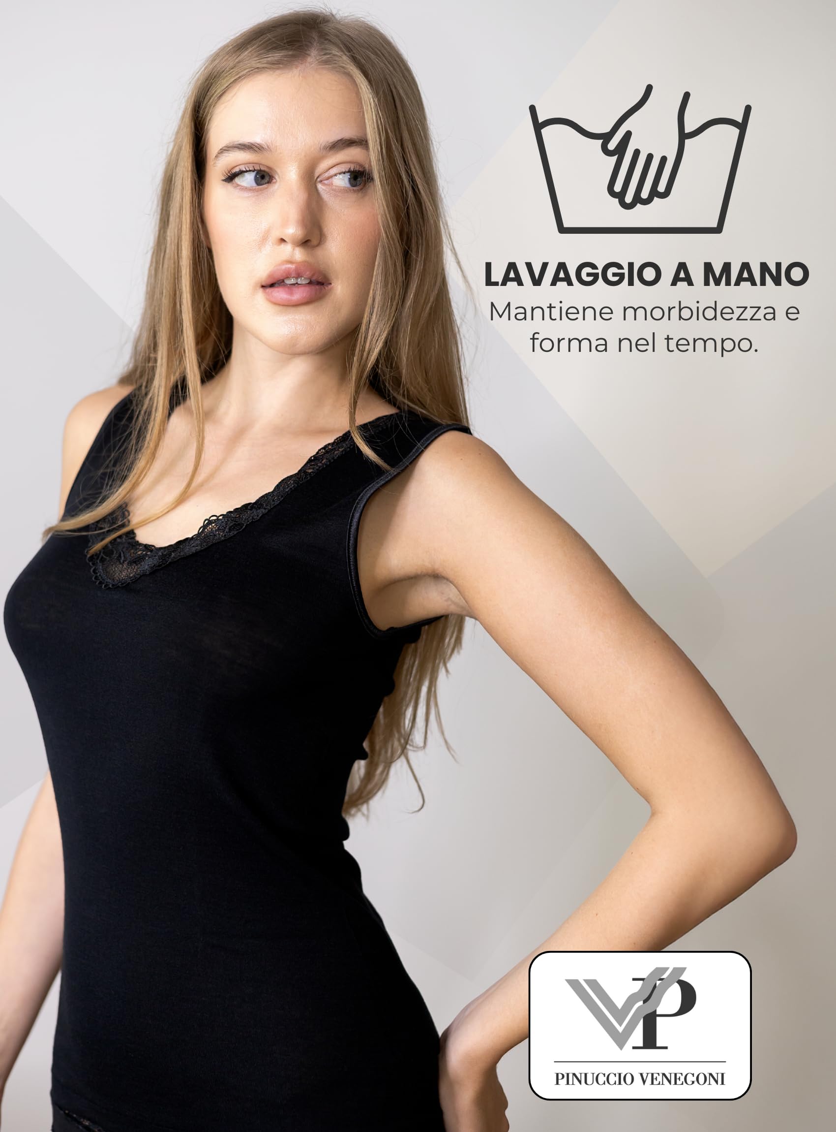 Pinuccio Venegoni Camiseta sin mangas de lana y seda íntima de mujer; camiseta térmica de hombro ancho con encaje. Made in Italy negro y blanco ropa interior para mujer de invierno elegante enojado