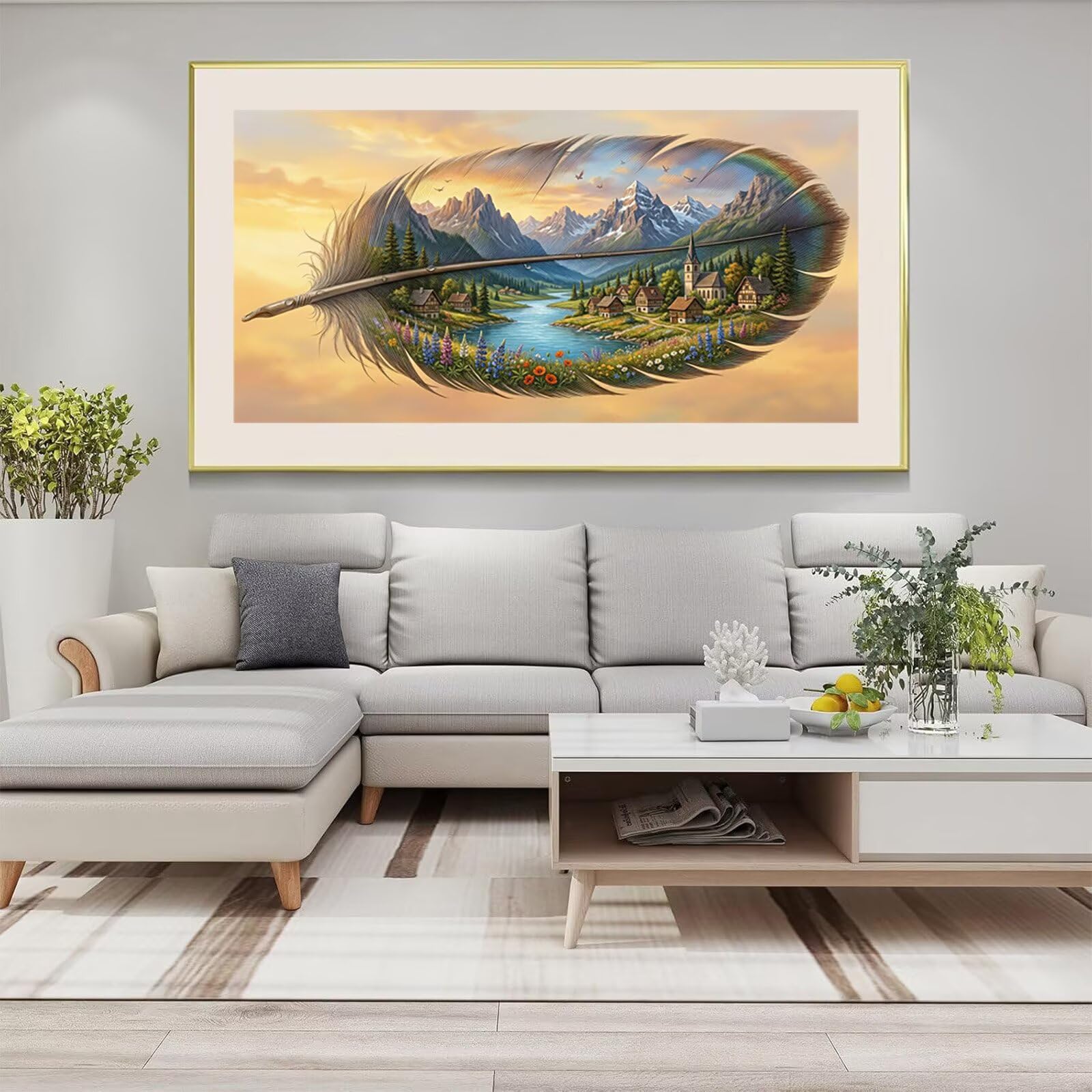 Diamond Painting Feder Diamond Painting Erwachsene Groß XXL Landschaft, 5D Full Eckige Steine Drill Diamanten Malen Nach Zahlen, DIY Set Kreativ Set für Erwachsene Home Decor Wanddeko 60x120cm,Cod-838