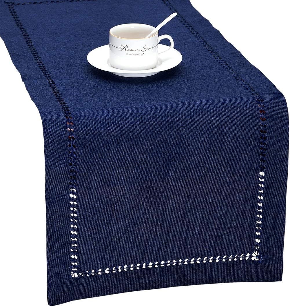 Grelucgo Handmade Hemstitch Solid Navy Blue Nautical Rectangular Table Runner Or Dresser Scarf (14 x 48 Inch)