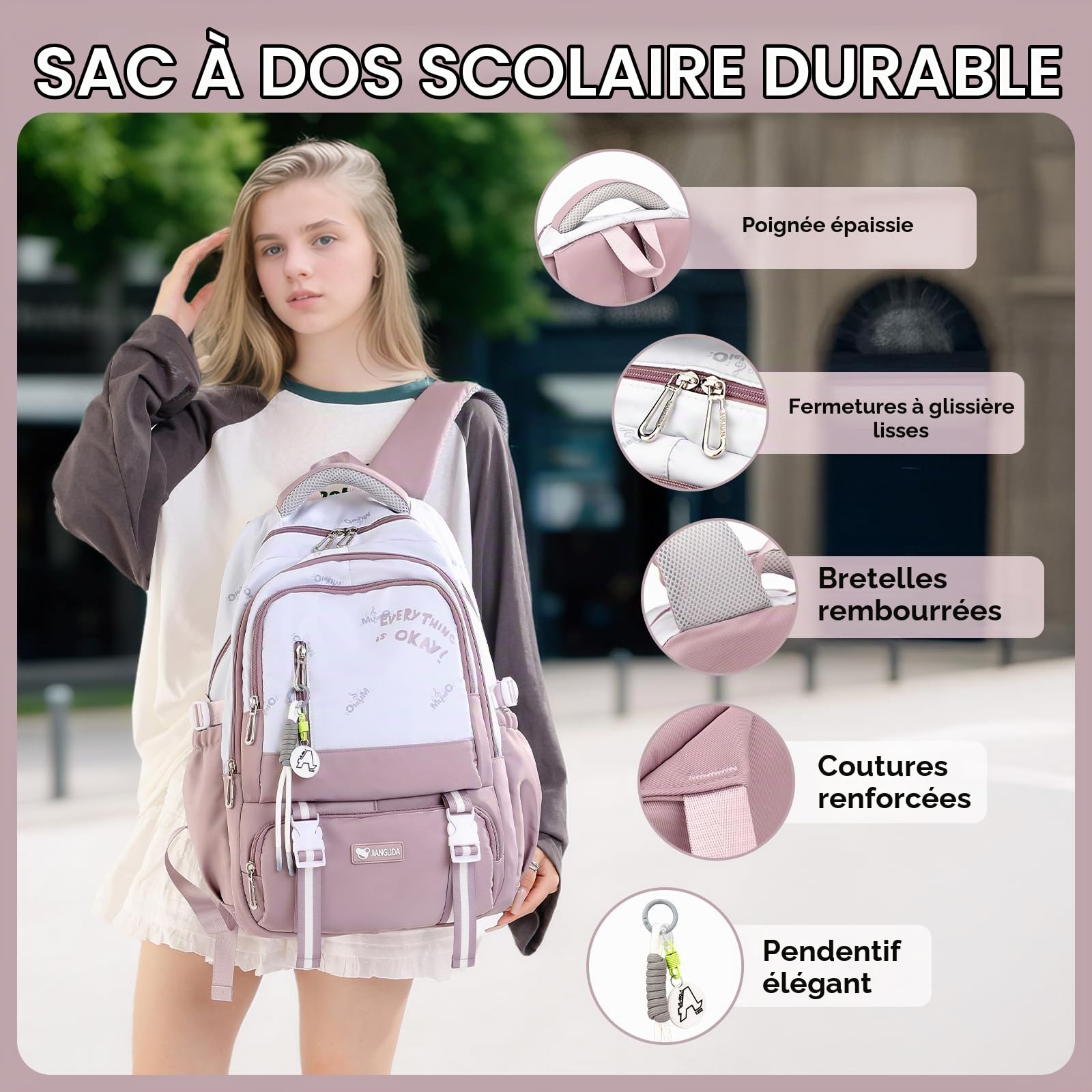 Amythe Sac à Dos pour Filles Garçons Primaire et Collège - 36 Litres Cartable Élégant et Léger pour Adolescents de 10 à 22 ans - Sac Ecole Loisir pour l'École et les Voyages