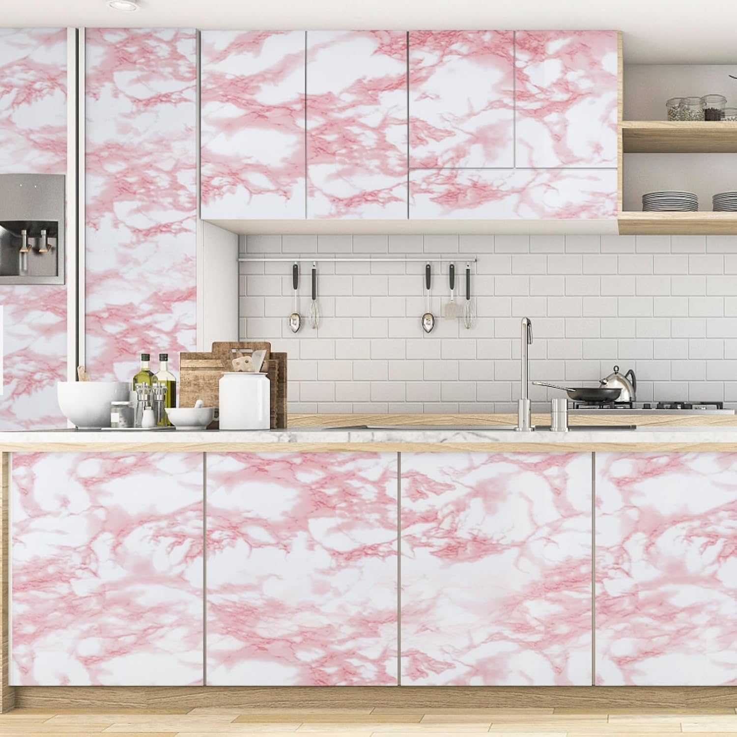 Abyssaly Glossy Marble Contact Paper for Countertop White/Pink Granite Peel and Stick Wallpaper Waterproof Self-Adhesive Removable Wall Paper of Kitchen Bathroom Vinyl Roll 15.7"×118"
