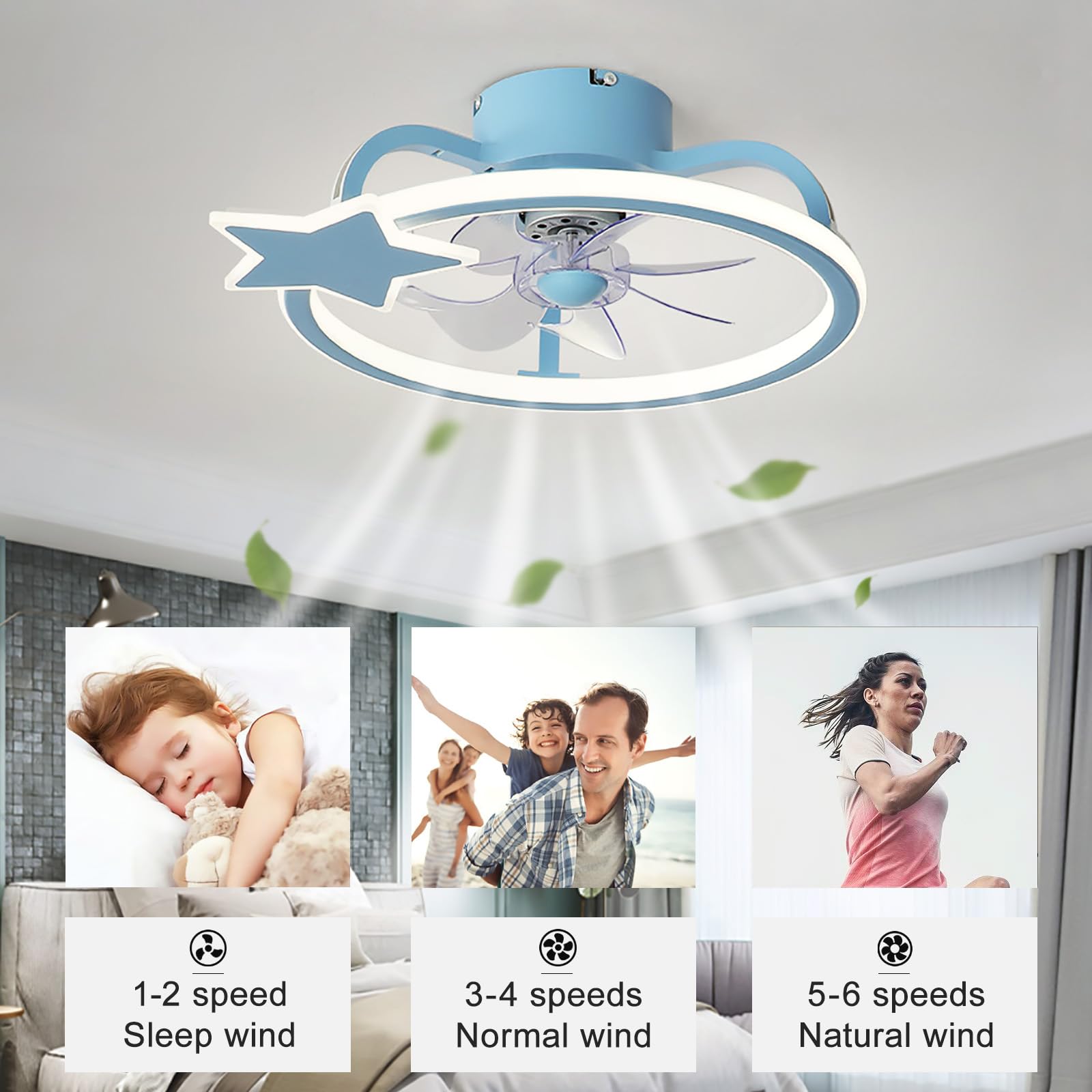 Ventilador De Techo niño Con Luz Y Mando Moderno Silencioso Lampara Ventilador Techo LED Regulable Verano Invierno Función 6 Velocidades Reversible Lámpara De Ventilador Para Dormitorio,Azul