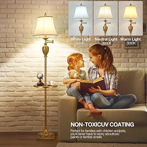Miniatura 5 de Lámpara de pie LED tradicional con brazo oscilante ajustable de 350, lámpara de poste de pie vintage para sala de estar, dormitorio y oficina, luz