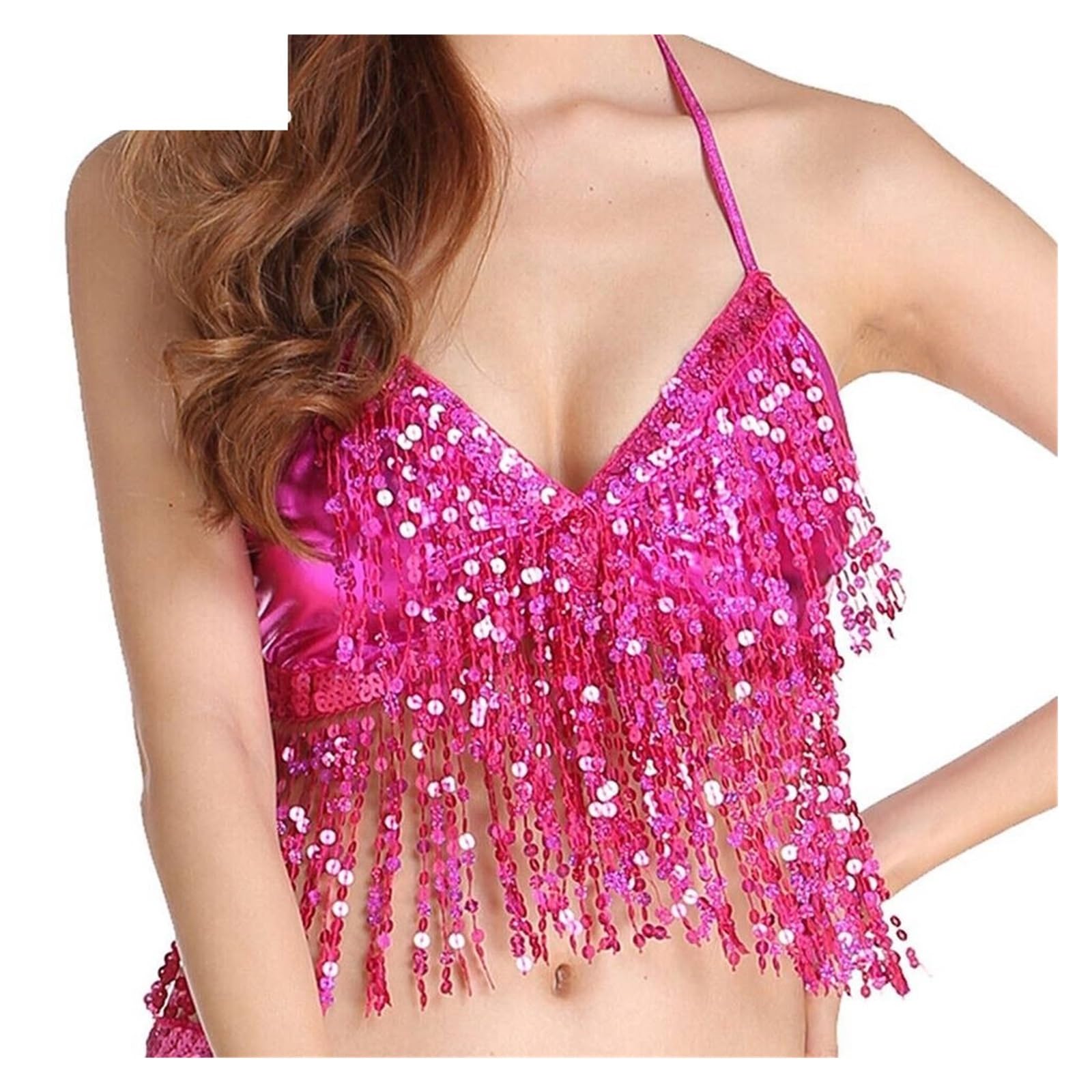 LIUHLFSR Belly Dance Sequin Fringe Top Nightclub Performance Halter Bra Wear Show Costumes for Dancing Carnival Party(Rose red)