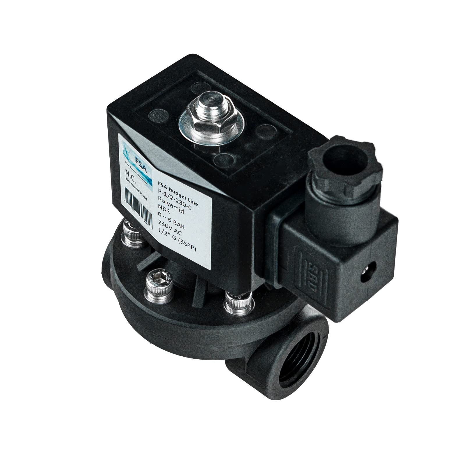 FSA Elettrovalvola in plastica PA6 1/2" 230V AC 0-6 bar NBR normalmente chiusa