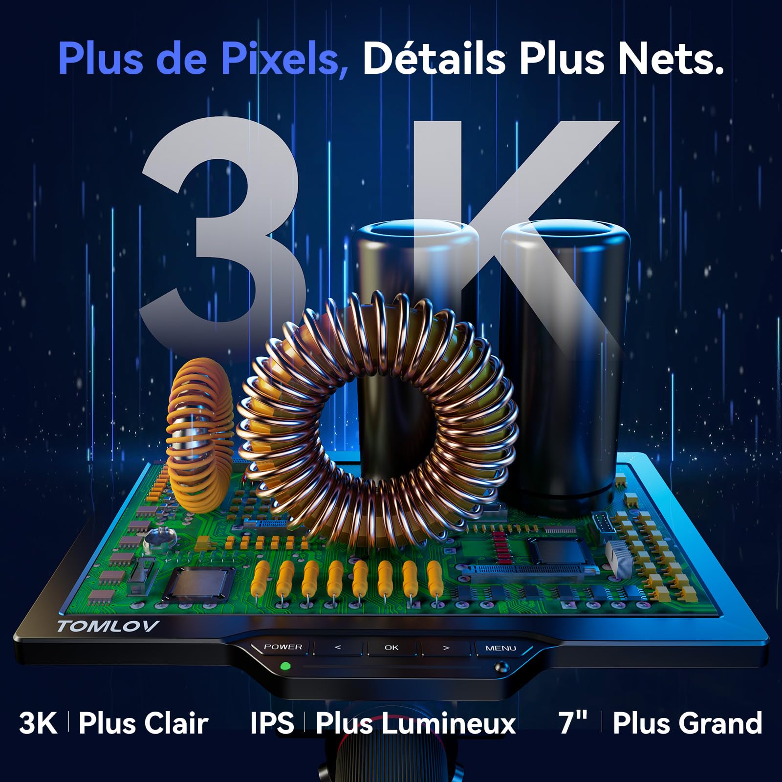 TOMLOV TM3K-3D IPS Microscope Numérique Double Lentilles Magnétiques, Microscope de Soudure 3D pour Adultes, Loupe 3K HDMI/USB pour Pièces de Monnaie avec LED, Tapis de Réparation, Bras Flexible, 64Go